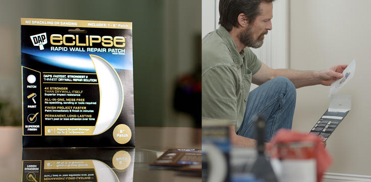 DAP Eclipse wall patch used by man to repair wall.